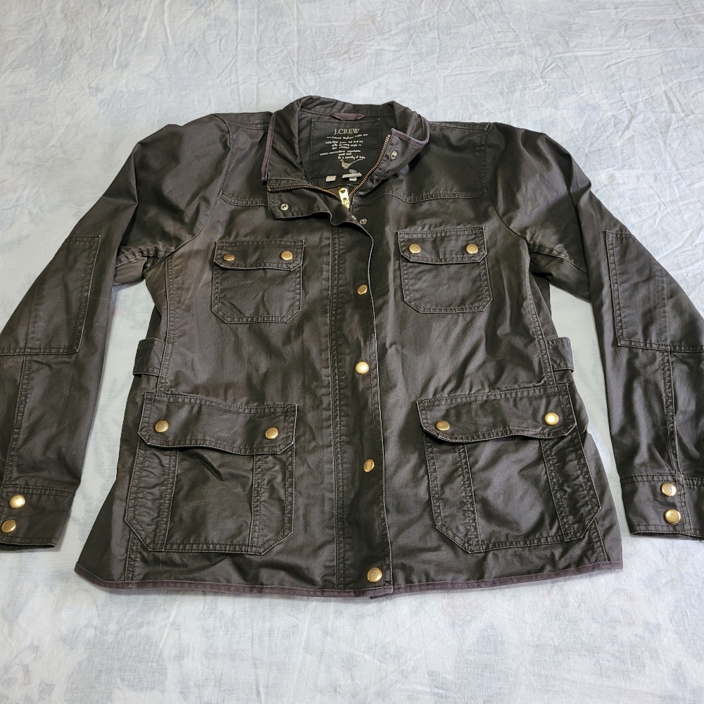 J crew field jacket relaxed boyfriend waxed cotton utility coat green